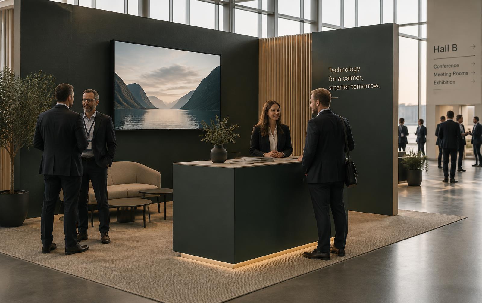 A minimal B2B technology exhibition booth at a Nordic conference
