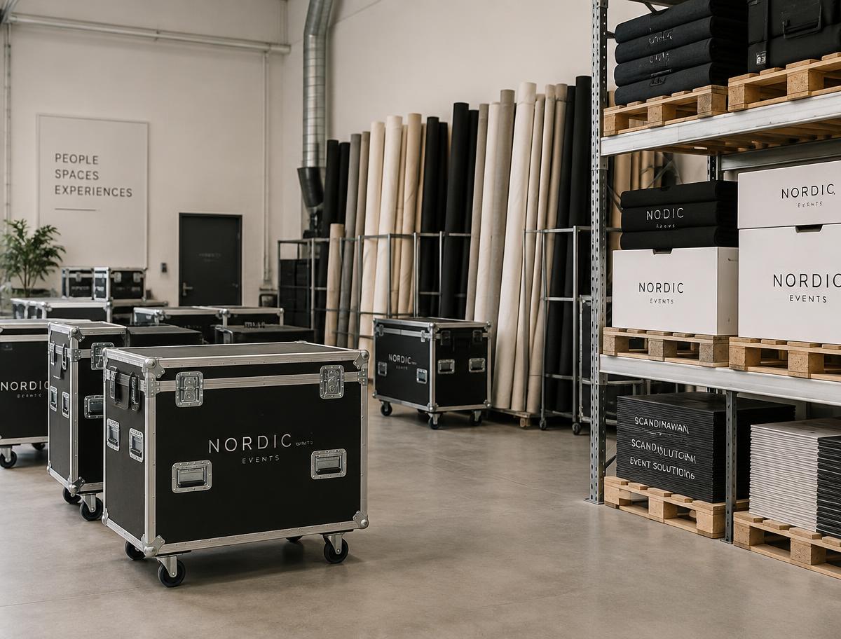Flight cases and rolled backdrops stored in a clean Nordic warehouse
